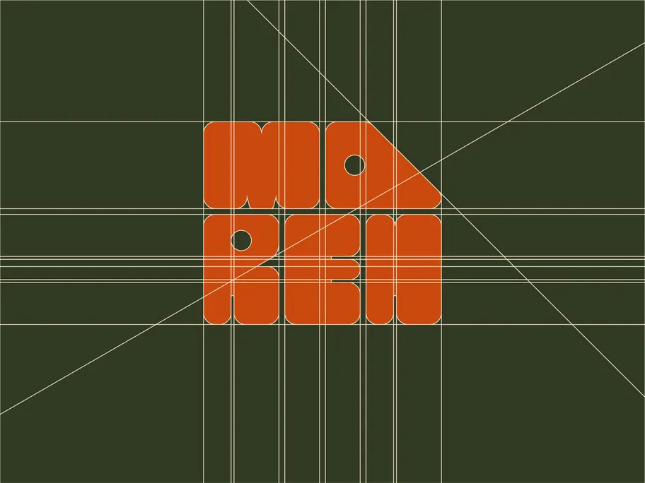 The Maren monogram in orange, drawn over its construction grid on deep green