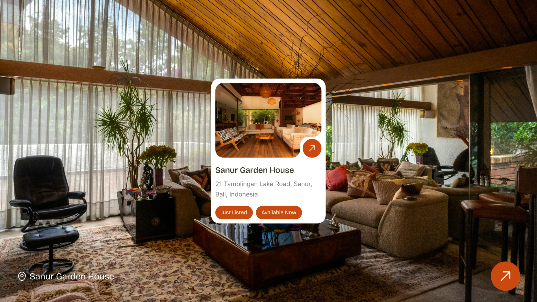 A Maren property card for Sonur Garden House floating over the house’s timber-lined living room