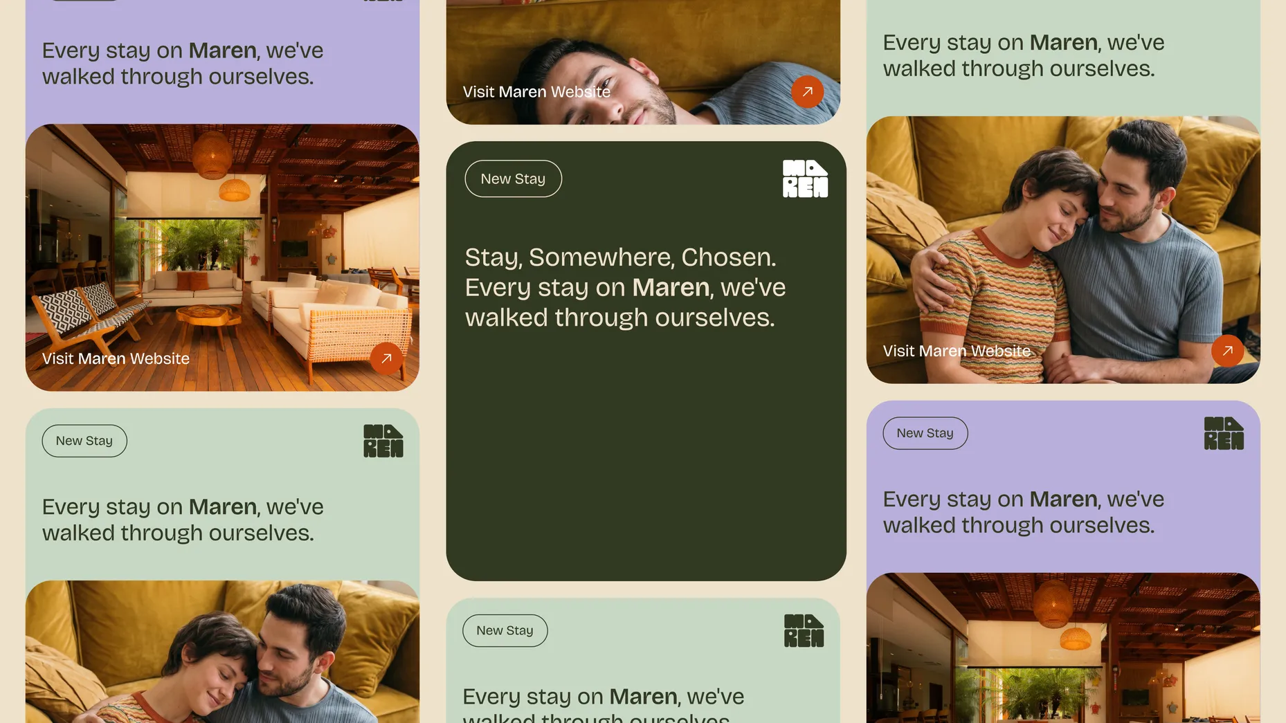 A grid of Maren social posts in lavender, sage and deep green, mixing interiors and couples at home