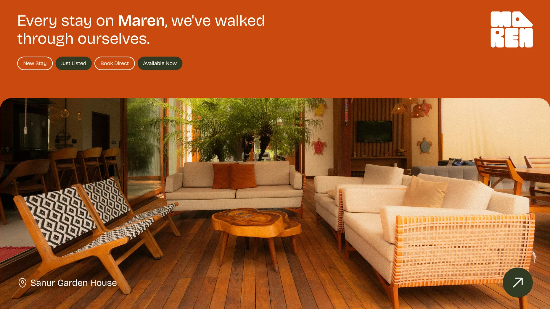 The Maren website: an orange header over a full-bleed photograph of Sonur Garden House